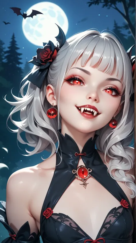 a beautiful vampire girl , with a ,  red pupils in black clothes with a gray code look at me,  vampire teeth fangs,  small chest , at night in the forest, with a full moon.