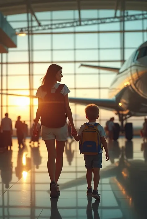 Woman and her  son boarding a plane on their way to Cancun