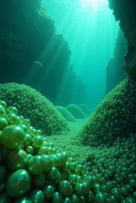 The scene showcases a vast underwater mine filled with massive piles of green pearls. These pearls, glowing with a rich, iridescent green hue, are stacked in large, glistening mounds on the ocean floor. The pearls rest on top of each other in heaps, formin...