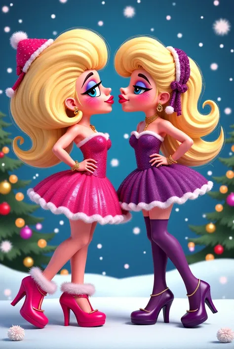 Two cartoons of two drag girls in Christmas costumes, one pink and one purple with blond hair sending a kiss.