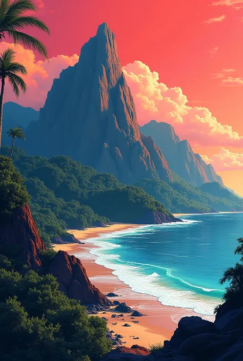  transform this photo into a computer background, With an artistic comic book theme ,  the scenery a mountain with a beach in the background 