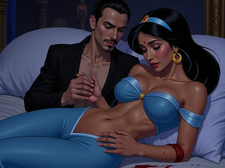 (Disneys palace backdrop), fisting her, (nipple slip) The image should depict busty Princess Jasmine and Jafar engaged in a forced vaginal fisting scene. Jafar is revealed as a skinny man, his beard and mustache framing his menacing grin. Despite her resis...