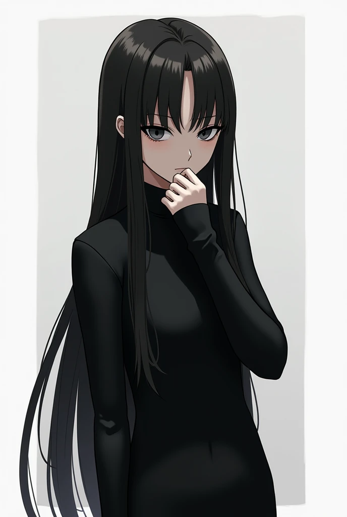 Black eraser with long black hair and serious face anime style