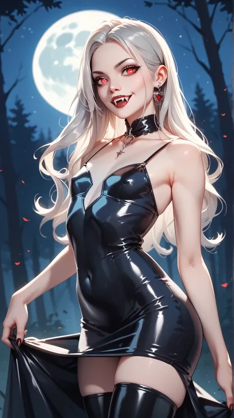 a beautiful vampire girl , with a ,  haircut with red pupils in black clothes with a gray code, she looks at me,  vampire teeth fangs,  small chest , at night in the forest, with a full moon,  latex stockings , beautiful tight dress.