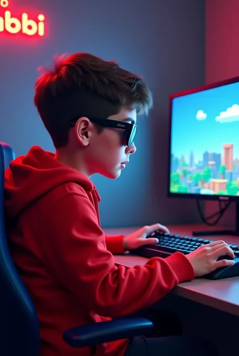 One boy play Minecraft on PC her dress up is red colour hudi and black colour sunglass . Background a small letter : pro Rabbi
