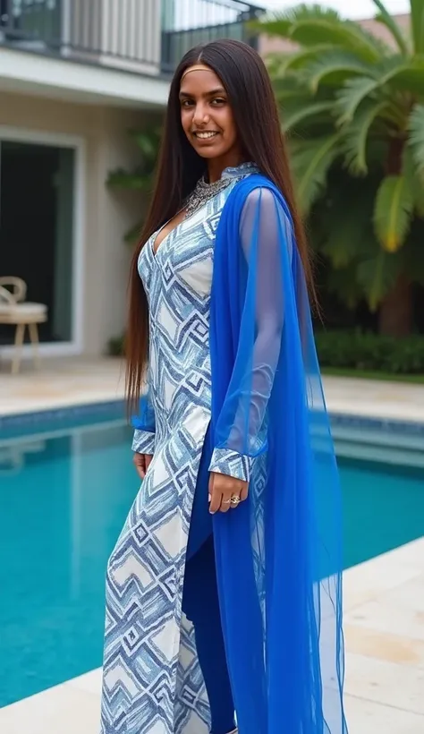 Hip hop artist niki Minaj standing near pool at home,long hair, hot body curves, hot big booty, sexy back view, smiley face, standing in balcony, round butt, full body view,  Shes wearing a wet white and blue patterned kurta with a long, royal blue dupatta...