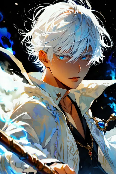 CREATE a handsome man with white hair and white eyelashes and blue eyes like Satoru Gojo wearing a white and black outfit and holding a magic staff with an arcane stone with blue fire on top 