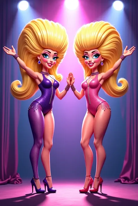 Cartoon of two blond haired Drag Queens with leotards, one purple and the other pink, greeting the audience 