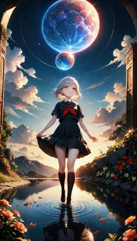 femenino(student, Age of s, Actually, YEAH., Floating silver short hair ,  cosmic-colored eyes ,  black school uniform., pale skin,  tired face with no twinkle in the eyes )  He is looking up at the sky ,  Lots of cute little goldfish with bright red scale...