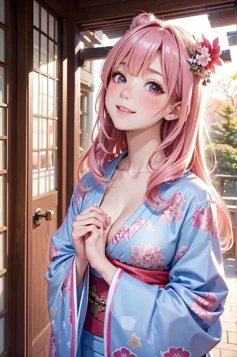 ( Best Quality , high res,8k,inelity detailed background, masterpieces at the front door of the house:1.2), beautiful girl,Big Breasts,Glossy pink-colored hair, long hair, messy hair,Beautiful pink eyes,  kimono, Furisode, haori, Gentle look,A refreshing l...