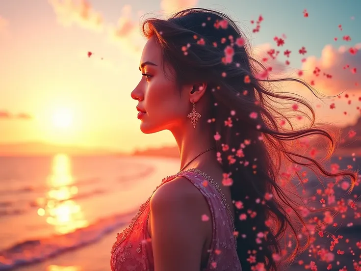 high quality, 8K Ultra HD, A beautiful double exposure that combines an goddess silhouette with sunset coast, sunset coast should serve as the underlying backdrop, with its details incorporated into the goddess , crisp lines, The background is monochrome, ...