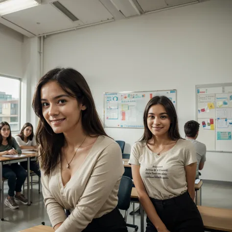 Prompt: "Generate a realistic image of a female English teacher in a modern language institute classroom. She has dark brown hair, medium skin tone, and is wearing a casual blouse with dark pants. She stands confidently at the front of the class, smiling w...