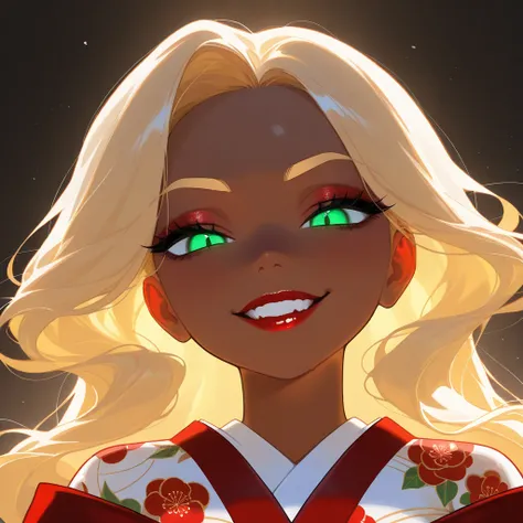 OC, female, semi realism, dark tanned skin, red lips, blonde eyebrows, perfect face, long wavy light Ashe blonde hair with bang, half-closed Green eyes, evil smile, red glamorous, sweet aesthetic, sexy kimono, mystic luminescent, sexy,