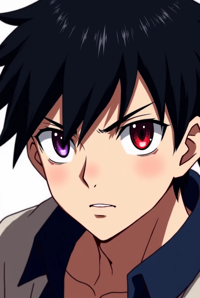 Anime boy with angry eyes and bright colored eyes, one eye red and the other purple and black hair 