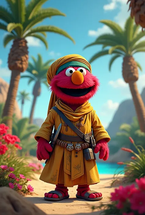 Generate an image of Elmo in an oasis dressed in desert clothes and weapons