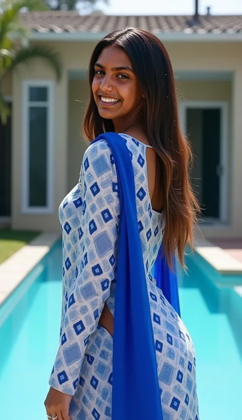 Hot figure Hip hop artist niki Minaj standing near pool at home,long hair, hot body curves, hot big booty, sexy back view, smiley face, standing in balcony, round butt, full body view,  Shes wearing a wet white and blue patterned kurta with a long, royal b...