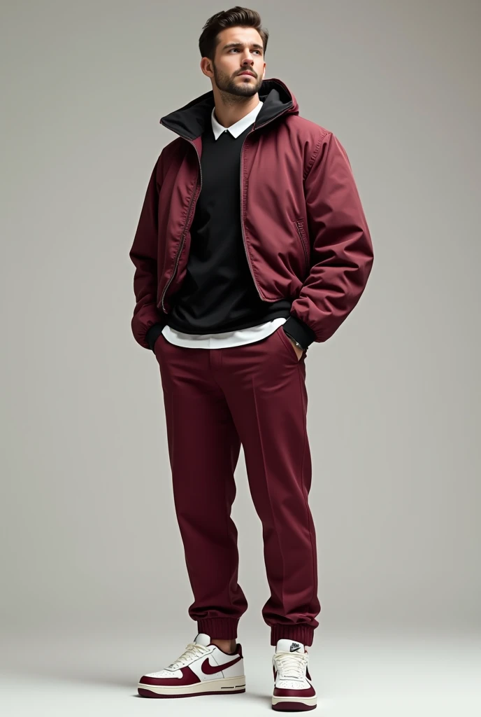 make man wearing with 3 suit black t shirt , white polo at last layering with maroon bomber jacket and maroon trouser paired with airforce 1 shoes