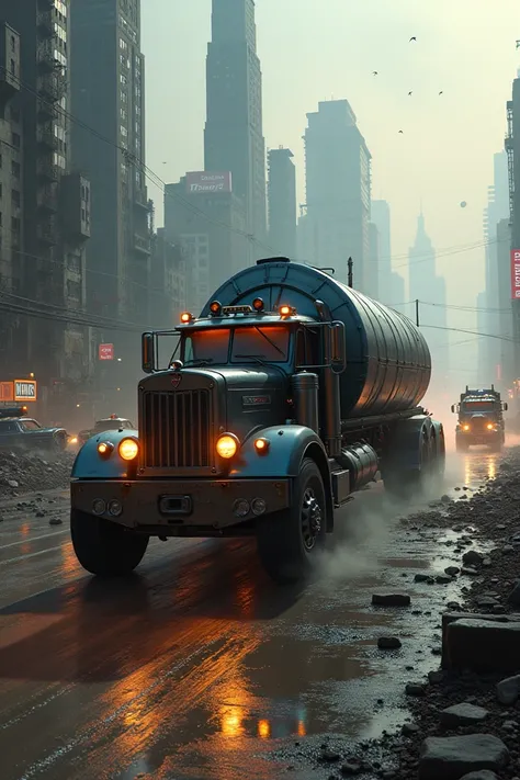 Car chase with a tanker truck in a post-apocalyptic universe with cyberpunks