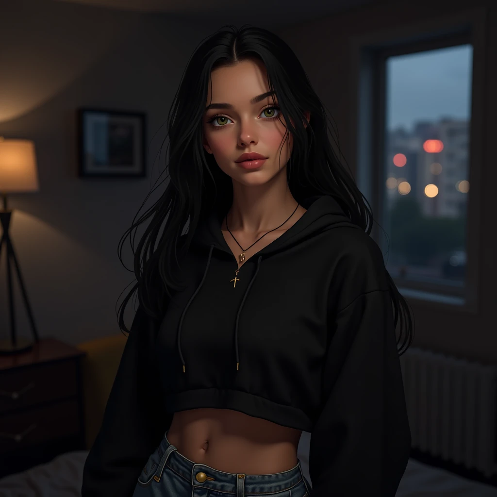 Create an 18-year-old woman with American traits ,  she has expressive green eyes , Her hair is black , smooth and long.  Her skin tone is white but very slightly tanned .  Her lips have a slightly pinkish tint . Her body is slender . She wears a black hoo...