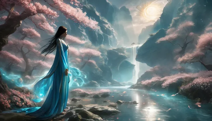 a beautiful ancient chinese woman in a blue robe, standing by a river with peach blossoms, cleavage, long black hair, red lips, brown eyes, (radiant, glowing, ethereal, dreamlike, celestial, otherworldly, transcendent, awe-inspiring, captivating, divine), ...