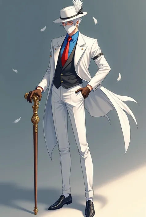 Create a 25-year-old man who has white hair ,  who wears an elegant white suit with a red tie and a blue shirt inside .  That you have elegant black shoes with white socks and that you wear an elegant white hat with a black ribbon around the hat and that h...