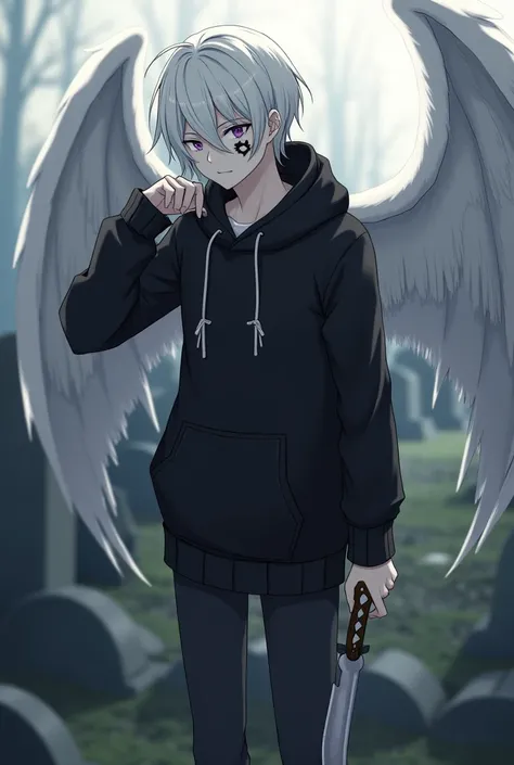 An anime male with white hair, wearing a black sweater with a hood, long sleeves, long legs, with bone wings, holding a knife with his left hand, with a blackened one attached to his left cheek, is in the cemetery, aged about 20 to 25 years.