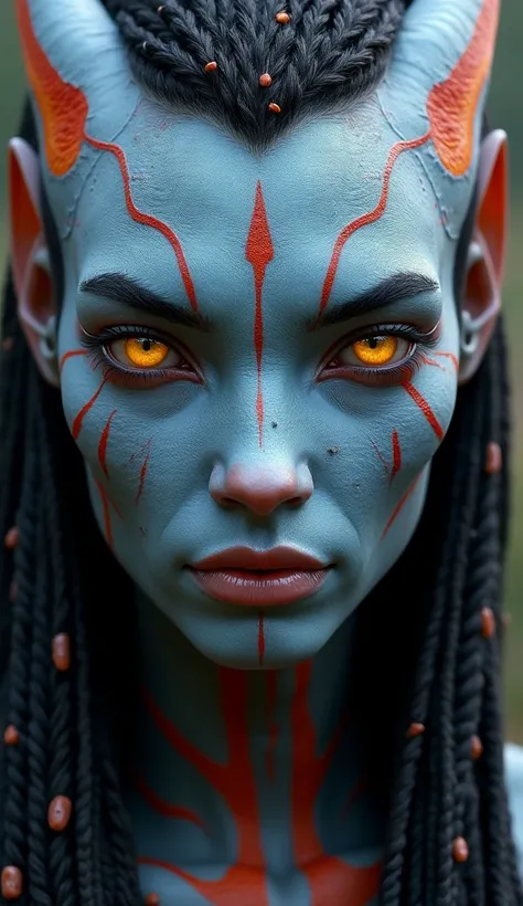 (Navi avatar) Her face is gray, almost blue, with red and orange markings, like veins of lava. Her golden eyes shine brightly, adapted to the heat. Her nose is narrow, with adaptable nostrils, and her lips are thin but firm. Her hair, thick and dense, is b...