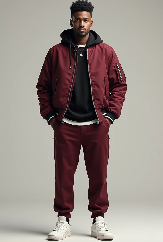 make man wearing with 3 suit black t shirt , white polo uniform at last layering with maroon bomber jacket and maroon trouser paired with airforce 1 shoes