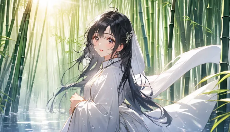   A beautiful girl with long black hair ,  Wearing white period costume ,  The sun shone on her face  ,  closure.  The background is a dense bamboo forest  .  Water droplets fill the air after the rain .