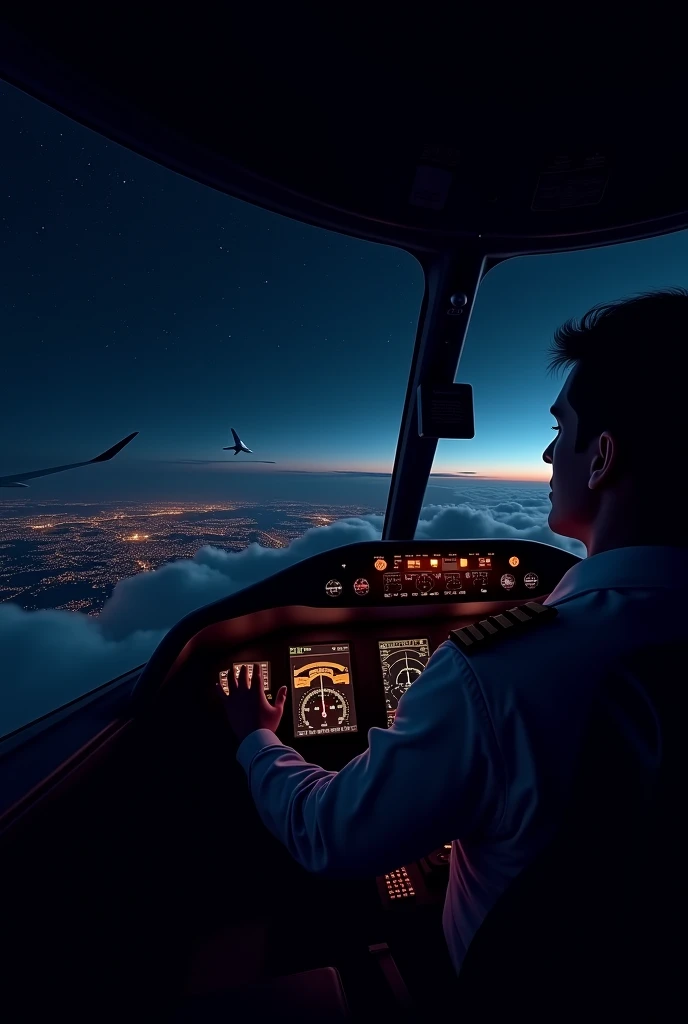 A plane flight in the middle of the night seen from the pilots window inside the plane