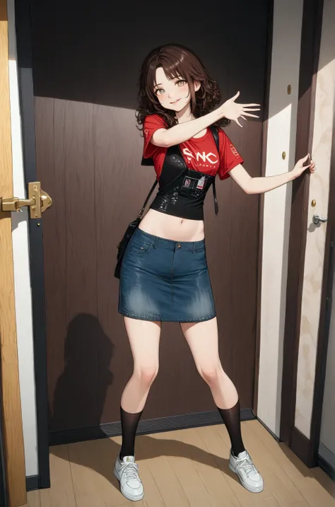 adorable teenage girl, smiling, standing posed, near door, BREAK,(+forehead, shoulder-length hair, curly hair, black hair, chestnut-brown streaked hair, chestnut-brown hilighted hair, chestnut-brown ombre, 2 colored tone hair), BREAK, (red t-shirt, black t...