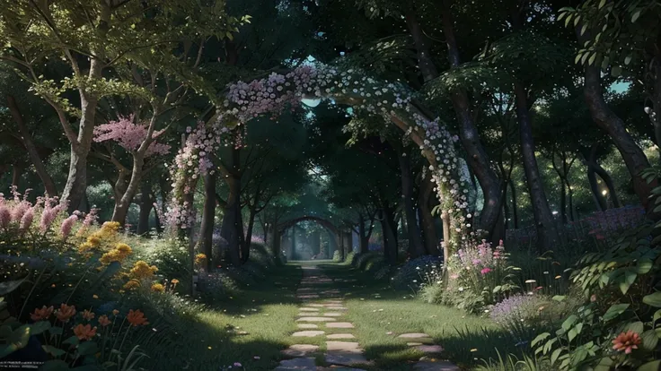 a fantasy anime landscape, a winding path surrounded by lush vegetation and vibrant flowers, a vivid rainbow arch leading to a mysterious new world, detailed trees and foliage, glowing lighting, digital painting, cinematic composition, highly detailed, 8k,...