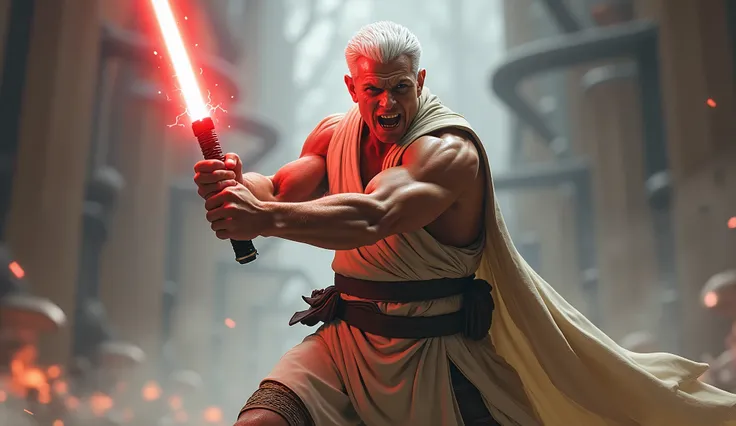 A shouting young bodybuilder jedi white hair with laser sword in his hand wearing bag