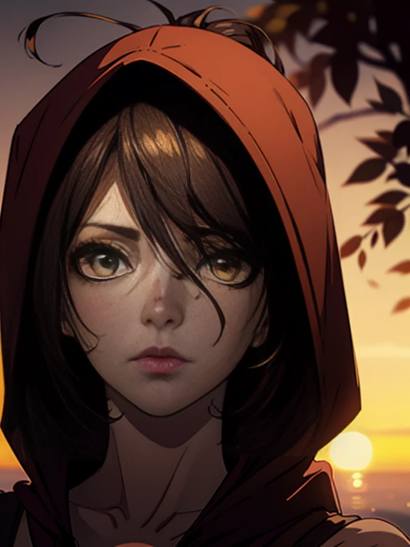 Extreme close-up of anime girl staring at camera with expressionless face, She has brown hair and brown eyes, Wearing a brown hoodie. Shinkai Makoto style. Bokeh. depth of fields. Film grain. Sunset in the background.