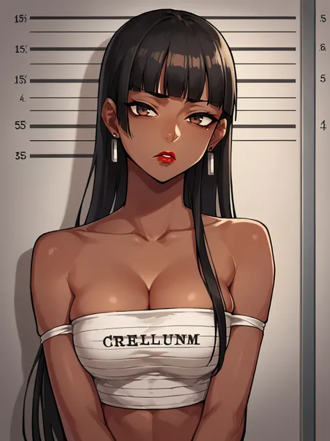 score_9, score_8_up, score_7_up, score_6_up, score_5_up, score_4_up, BREAK, source_cartoon, source_anime,1girl, chel, black hair, long hair, blunt bangs, brown eyes, dark skin, lipstick, tube top, cleavage, bare shoulders, earrings, mugshot, sad, looking a...