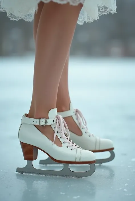 Woman’s feet in white high heel mary jane ice skates 