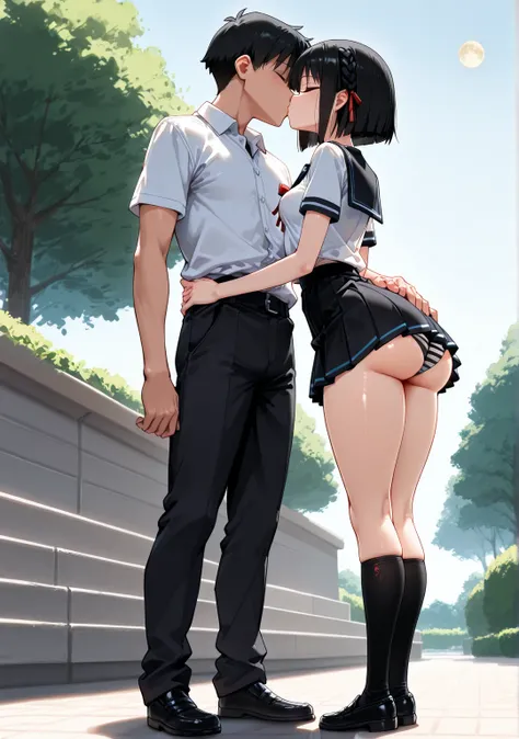    The best quality   ,   source  _anime,    Detailed   , necessary,    masterpiece,    Not suitable for work, Women (    full body,    small breasts,  slim waist ,     Big Butt,     short hair ,     small braid tied with a red ribbon  ,   cut bob,   dress...