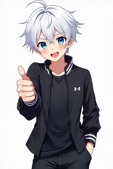 Anime guy. White hair. Blue eyes. Smiles. Black pants. Jacket baseball. Gives a Thumps up. 