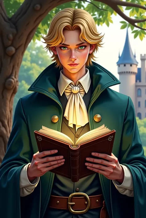  image depicts a young blond man of enormous beauty, And masculine , Wearing a cloak in wizard costume , wearing a suit and gravat .  Hes reading and holding a grimoire under a tree. In the background, a castle,  suggesting that he is in a magic school env...