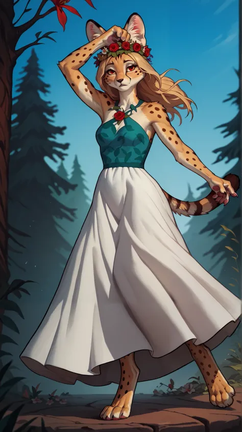 (zPDXL2), (PonyXLV6_Scores), Expressiveh, full body shot, BREAK
lhata4564, d3t41l3d, 
1girl, furry, female, syltanding, ((flower crown)), blonde long hair,  hand paws, legs paws, (white long dress-tunic, Slavic dress-tunic, ((red Slavic pattern))), dancing...