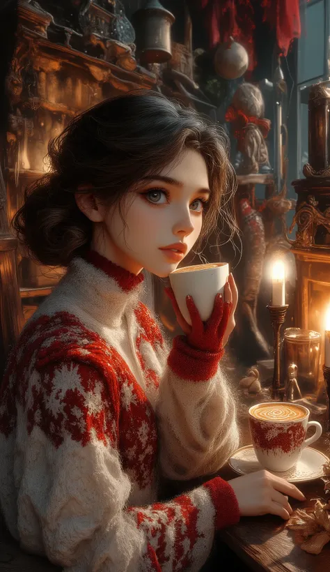 A beautiful woman with beautiful eyes:1.2, detailed eyes, beautiful full lips, highly detailed eyes and faces, long eyelashes, cute expression, smile, sitting:1.4, holding a cup of hot latte, homely background, Christmas sweater, fireplace, warm light, det...