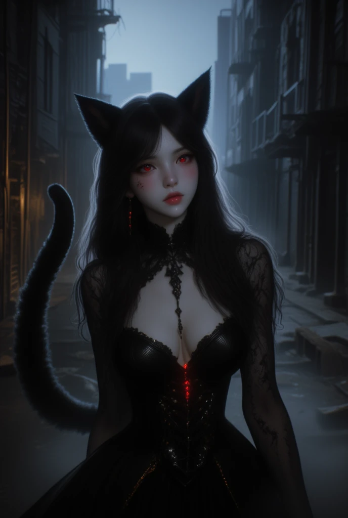 Horror, young female, brunette,cat ears,cat tail,black cat female, red eyes, gothic dress,dirty street, horror style, dark theme 