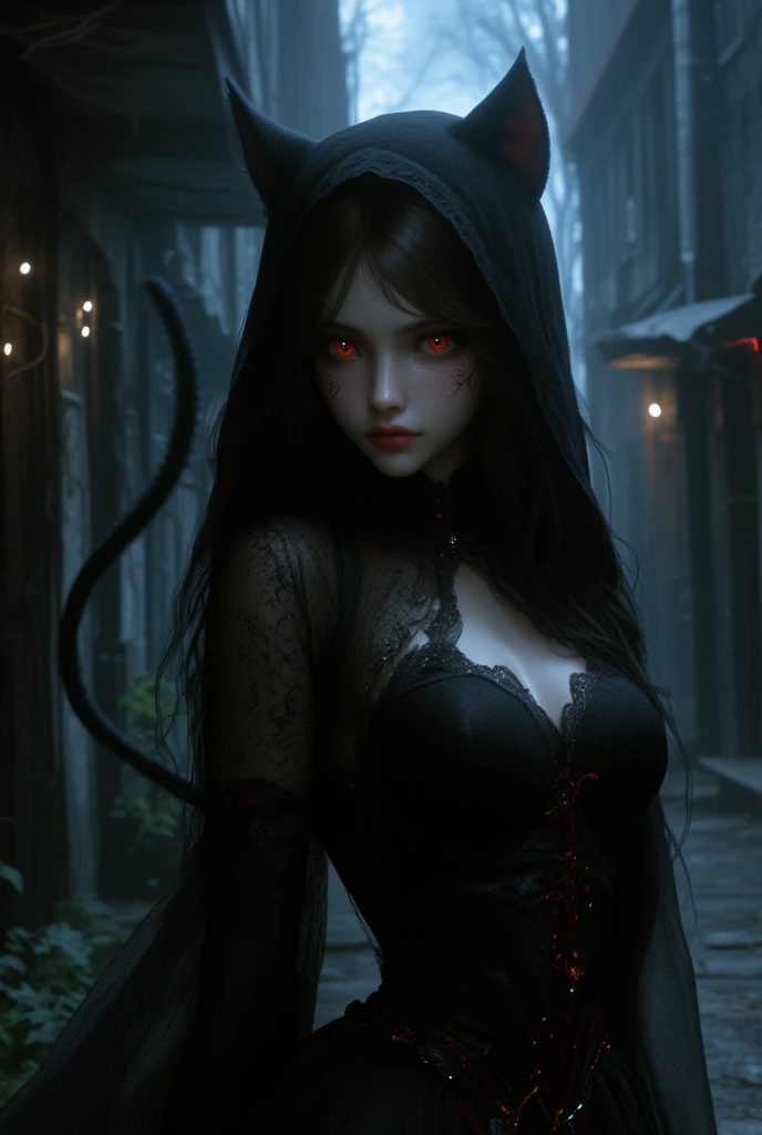 Horror, young female, brunette,cat ears,cat tail,black cat female, red eyes, gothic dress,dirty street, horror style, dark theme 