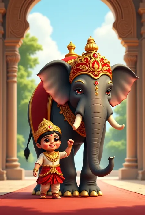 A stunning illustration of a young Indian baby prince aged 1-s walking confidently beside a royal elephant decorated with ornate golden and red accessories. The baby is wearing a regal outfit with a shining jewel on his turban and holding the elephant’s tr...