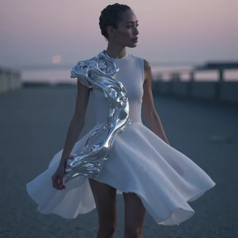  Create visualization of unique clothing design for 2025 .  Draw a womans dress with an adaptable ,  patterns into your design using smart fabrics in Future Dusk , with elements,  shades inspired by natural shapes - for example , waves or leaves . Show me,...