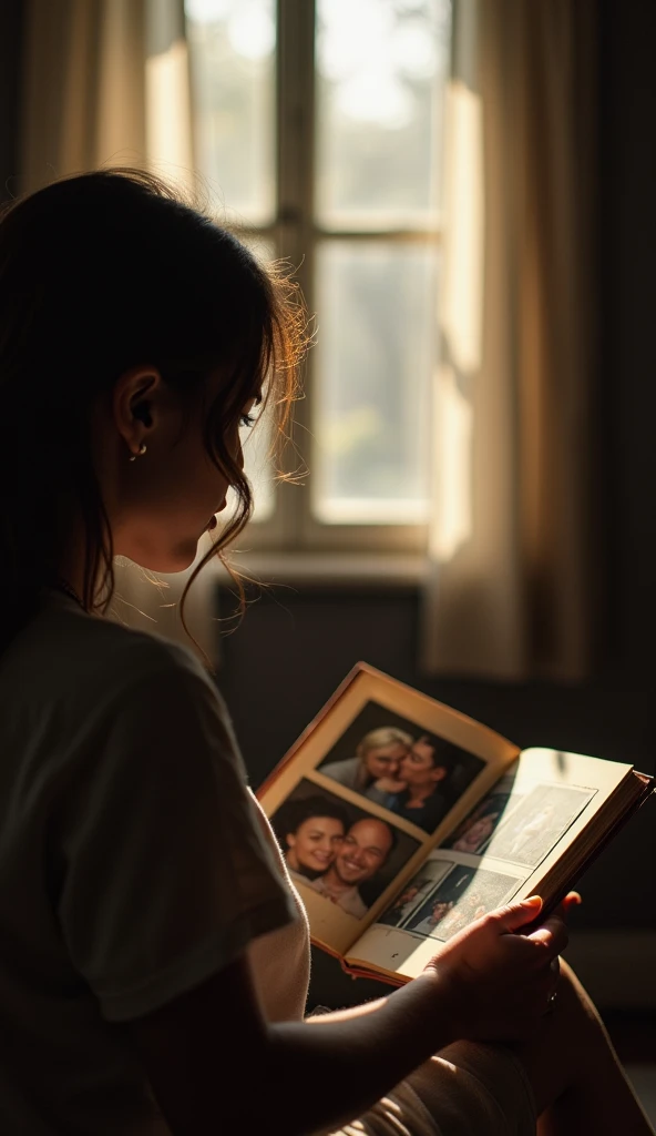 A woman with her back turned, looking through an old photo album in the foreground, displaying precious memories of a happy couple. Soft sunlight streams through the window of a dark, gloomy room that hints at the end of a love, illuminating the faded phot...