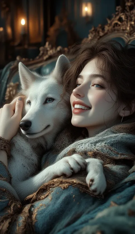 score_9, score_8_up, score_7_up, semi realistic, 1girl, beautiful face, cute face, adult body, totally titt, medium perky titt, big round eyes, lying on sofa, (hugging white wolf puppy), titt covered, happy, love, cinematic colors, cinematic lighting, boke...