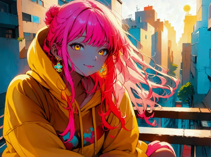 Neon orange hair, yellow eyes, tanned skin, Harajuku hoodie, sitting on rooftopHigh Resolution, Masterpiece, Anatomically Correct, Long Hair, Parted Bangs, Curly Hair, Earrings, Closed Mouth, Smile, Blue eyes, Yellow Eyes, Out Of Frame, tanned skin, neon f...