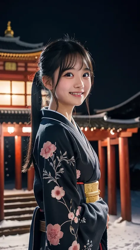 Winter landscape, night, night temple, snowy scenery, praying in front of a large temple bell, beautiful elementary school student, one girl, camellia pattern kimono, bust shot, best quality, black hair in ponytail, smiling face, ringing the bell on New Ye...