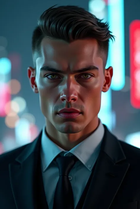 a detailed portrait of a man, intricate facial features, piercing eyes, sharp nose, full lips, long eyelashes, smooth skin, wearing a suit, serious expression, standing in front of a futuristic city, glowing neon lights, cinematic lighting, 8k, hyperrealis...